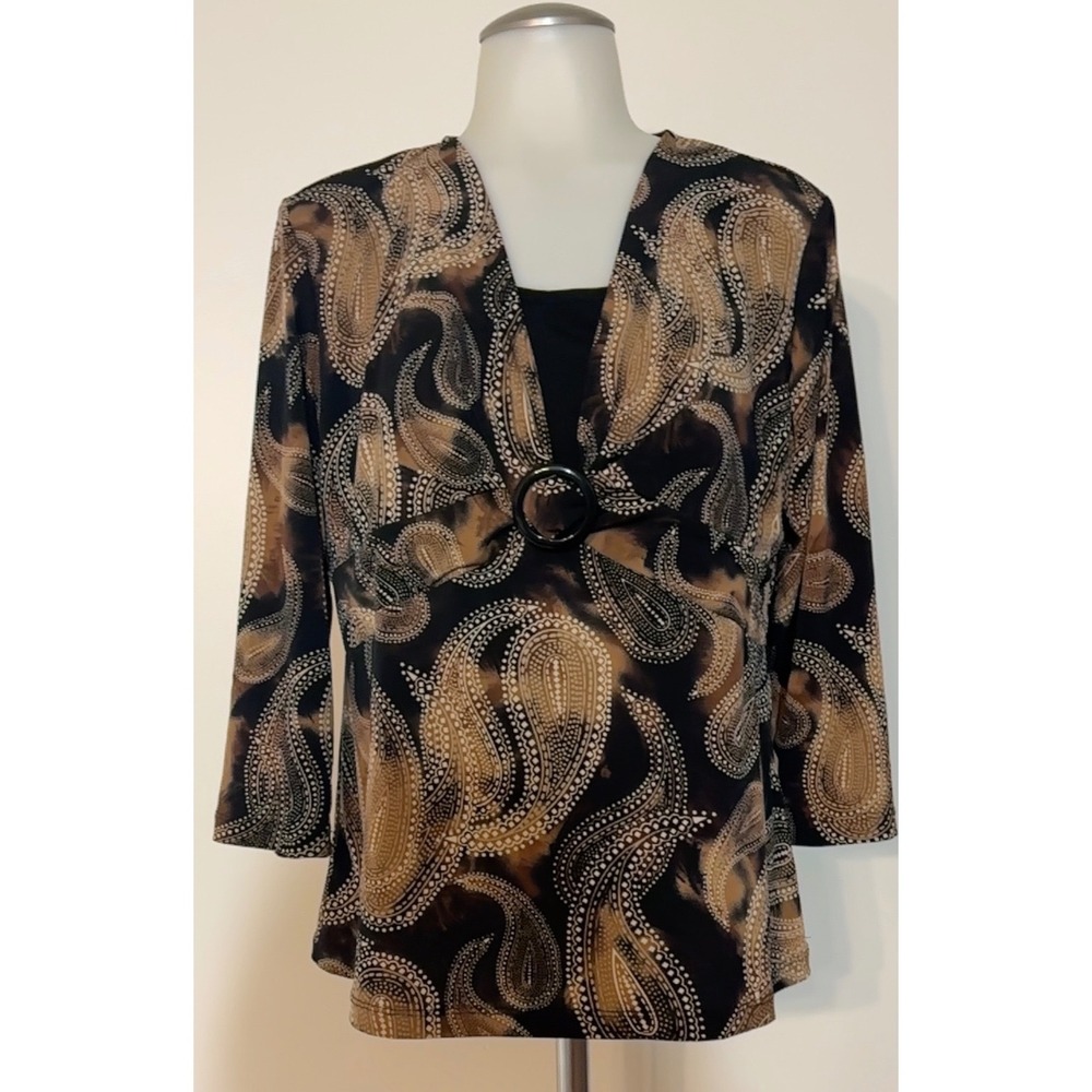 JM Collection Blouse Womens Medium Black Brown Good Paisley O-Ring‎ 3/4 Sleeve
